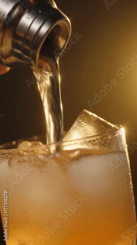 Pouring a refreshing cocktail drink into a glass with ice cubes bartender making drink