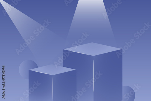 Two-tiered cuboid pedestals in cool indigo/blue illuminated by intersecting spotlights.