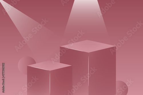 Two-tiered cuboid pedestals in muted rose/red illuminated by intersecting spotlights.