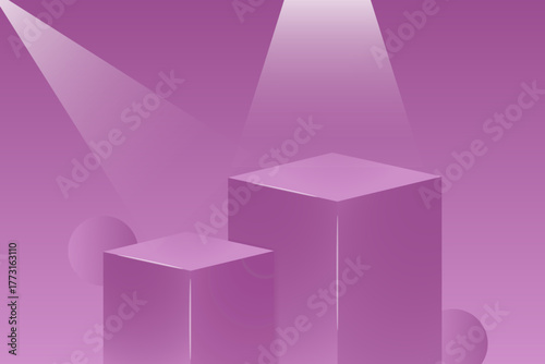 Two-tiered cuboid pedestals in soft lavender/purple illuminated by intersecting spotlights.