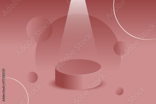 Minimalist cylindrical podium in red with a spotlight and abstract geometric shapes.