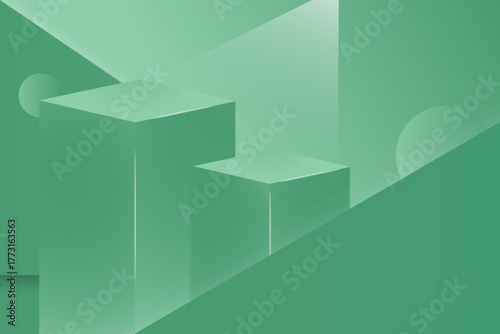 Layered rectangular platforms in monochromatic mint green tones, set in an angular scene.