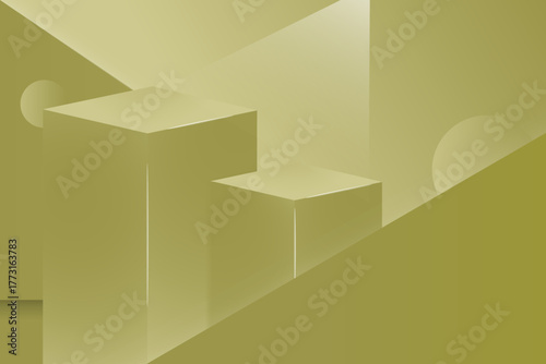 Geometric display featuring two rectangular platforms in monochromatic golden yellow tones.