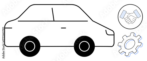 Black car outline with handshake symbol for partnership and gear icon for operation or repair. Ideal for transportation, teamwork, mechanics, mobility, agreements, manufacturing, simple flat metaphor