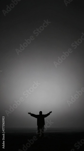 outstretched. A solitary silhouette against a misty backdrop, evoking a sense of quiet contemplation. wellbeing guides, coaching materials, designed for coaching and self-improvement content.