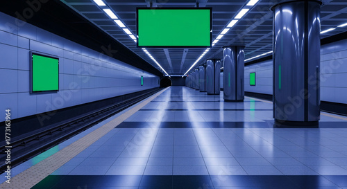 Fototapeta Naklejka Na Ścianę i Meble -  A long, empty subway platform with a perspective view, showcasing modern architecture and design.