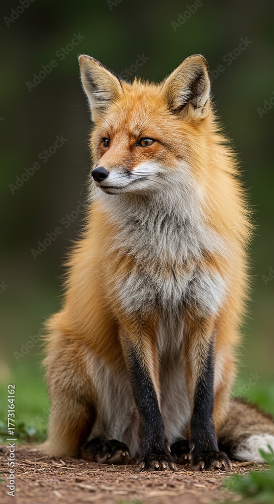 Obraz premium Beautiful red fox with vibrant fur, sitting alertly in its natural habitat, showcasing its stunning coloration and wild spirit and grace ,nature ,animal kingdom ,forest