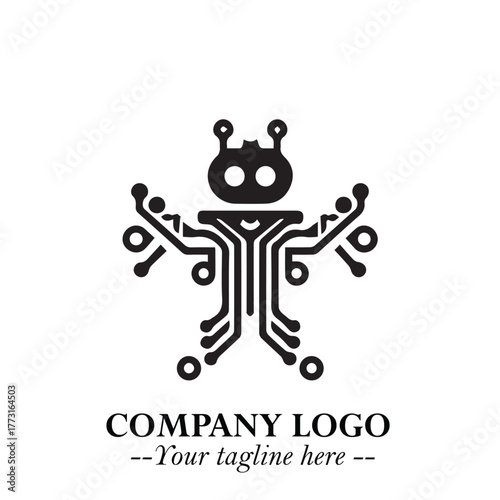 Circuit Robot Logo Symbol in Black on the White Background with Futuristic Tech Design
