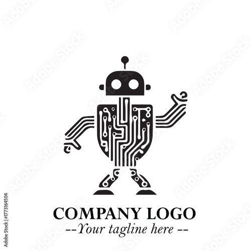 Circuit Robot Logo Symbol in Black on the White Background with Futuristic Tech Design
