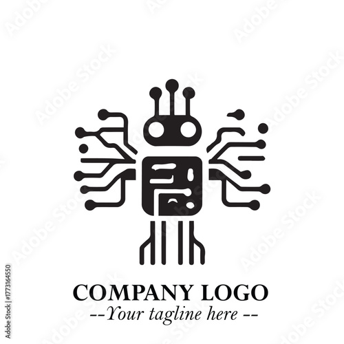 Circuit Robot Logo Symbol in Black on the White Background with Futuristic Tech Design
