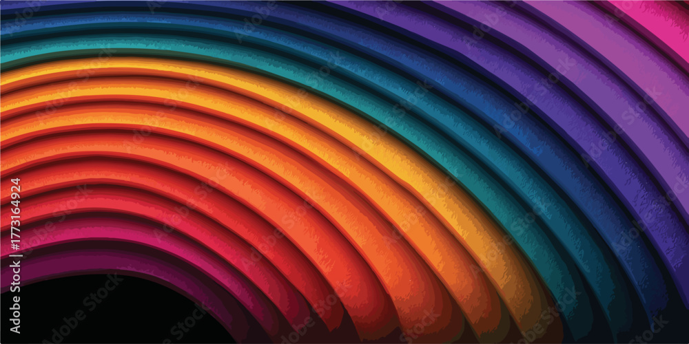 © Rozzie - Um fundo abstrato vibrante com linhas curvas em um gradiente de cores do arco-íris, criando uma textura moderna e dinâmica.