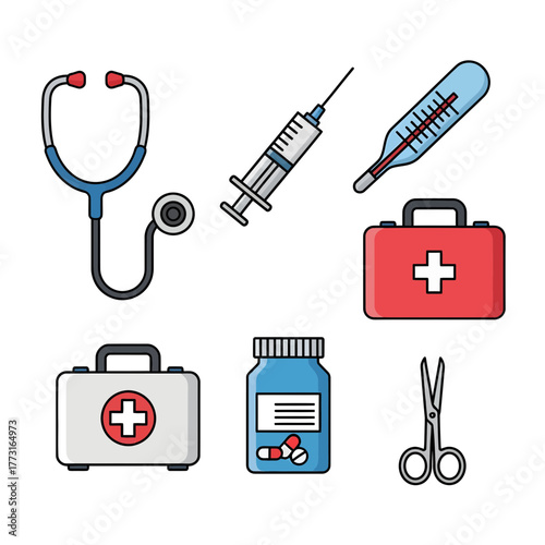 Essential medical equipment for healthcare, including stethoscope, syringe, thermometer, first aid kits, pills, and scissors, designed for health professionals and medical education
