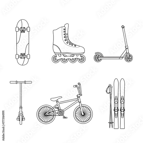 Skateboard, Roller Skate, Scooter, BMX Bike, and Skis Line Art for Active Lifestyle Branding, Perfect for Sports and Recreation Businesses, Originally Scalable Vector Graphics