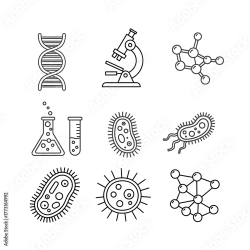 Explore the fascinating world of science with detailed line art featuring DNA, molecules, bacteria, test tubes, and a microscope, perfect for educational materials
