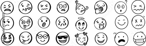Hand-Drawn Emoticon Faces Expressing Diverse Emotions in Black and White PNG