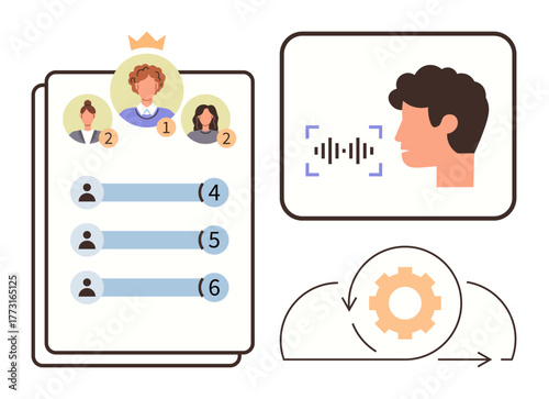 Ranked profiles with crowns and scores, voice recognition icon, cyclic workflow with gear. Ideal for gamification, AI, automation, analytics, leadership innovation teamwork. Simple flat metaphor
