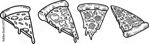 Black and White Pizza Slice Illustrations with Varied Toppings and Styles PNG transparent background