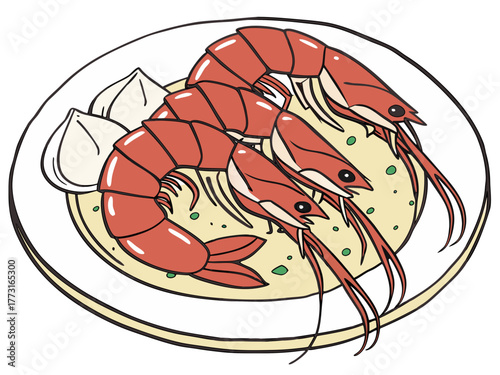 Delicious garlic shrimp plate served on white dish with creamy sauce and fresh ingredients. Garlic shrimp plate features vibrant red shrimp and flavorful sauce, perfect for seafood lovers.