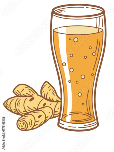 Refreshing ginger beer in glass with fresh ginger roots beside it. Ginger beer offers a spicy and invigorating drink experience paired with fresh ginger, enhancing flavor and zest in beverages.