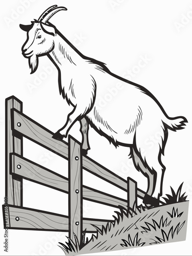 Goat standing on wooden fence in green grass with playful expression. This goat climbs wooden structure while enjoying the outdoors and showcasing its natural curiosity.