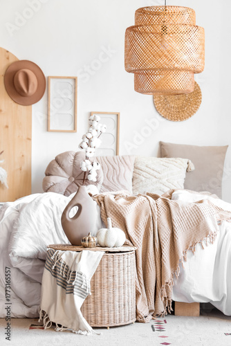 Comfortable bed, wicker tab...
