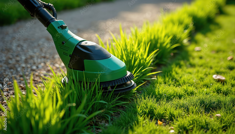 Fototapeta premium Green grass trimmer cuts lawn edges. Summer garden maintenance and yard work. Cut overgrown plants for neatness. Tool for landscaping and horticulture.