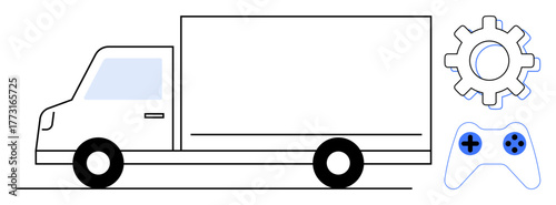 Delivery truck with gear symbol and gaming controller emphasizing innovation, automation, and digital transformation. Ideal for logistics, technology, gaming, business strategy, automation