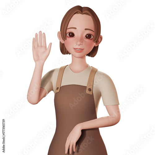 3D Portrait render of beautiful barista cartoon in brown wears. Raise waving left hand, greeting or goodbye goodbye. advertising, presentations, UIUX design, promotional materials.