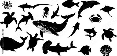 "Marine Animal Silhouettes Collection – Whale, Shark, Dolphin, Turtle, Octopus, Crab, Stingray, Jellyfish, Sea Life Icons PNG transparent