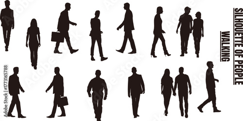 "Silhouettes of People Walking in Various Poses and Outfits on PNG transparent Background