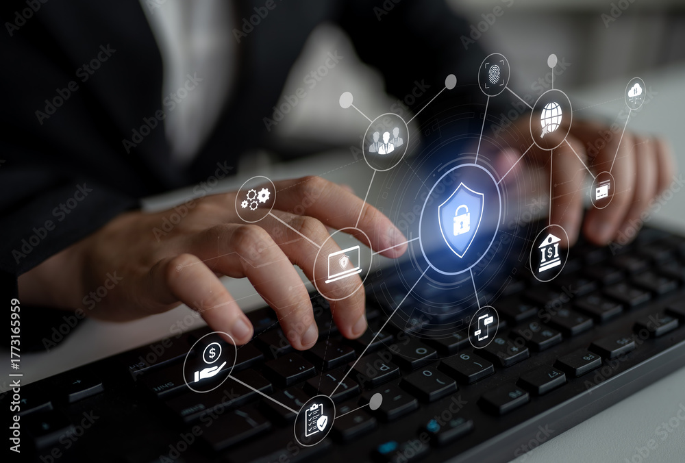 Naklejka premium A complete cybersecurity system concept. Providing network protection for online banking, cloud data, financial transactions, and personal identity with secure authentication. Fermion