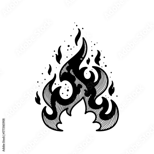 Decorative hand drawn fire flame illustration in black and white