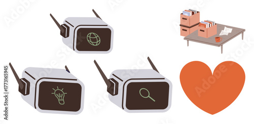 Compact machines showcasing internet, idea, and search icons, table with storage boxes and documents, orange heart. Ideal for research, innovation, organization, technology workspaces productivity