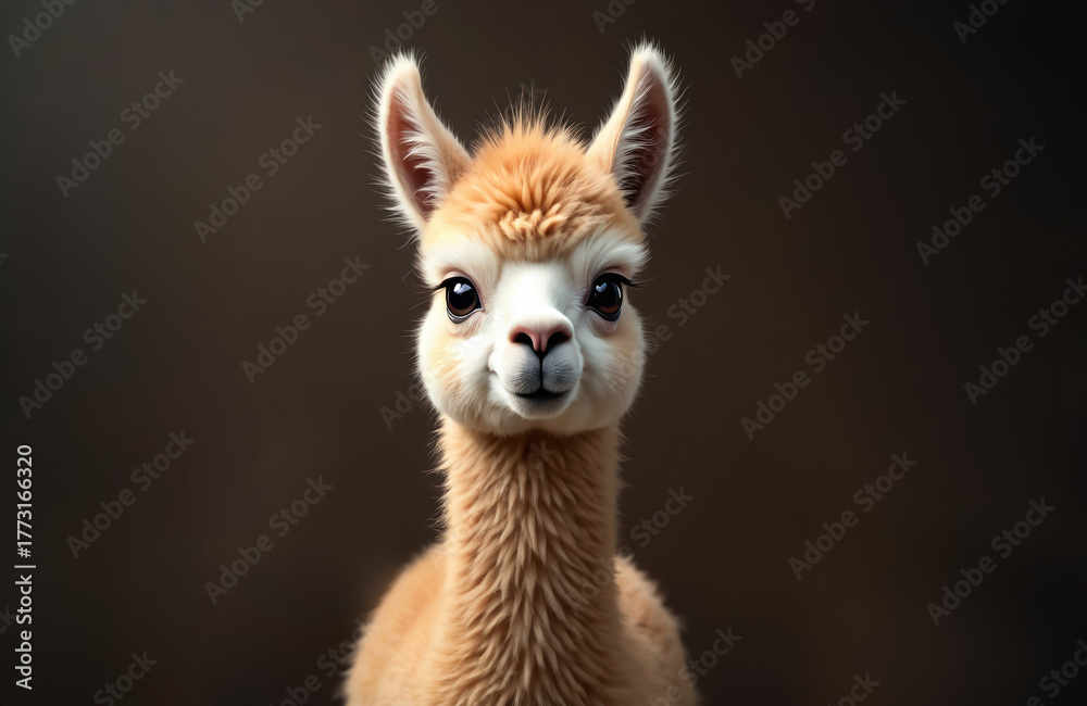 Obraz premium Cute baby llama portrait, fluffy fur. Soft brown background. Gentle eyes gaze forward. This adorable alpaca cub looks curious and sweet. Small mammal friend for kids.