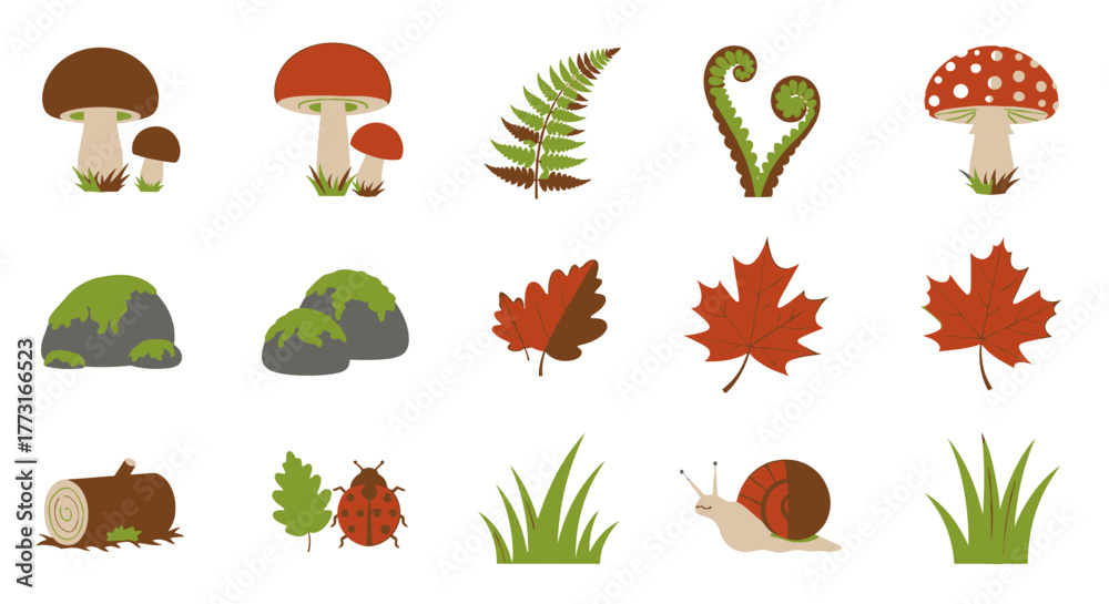Fototapeta premium Autumn Woodland Elements Vector Set Isolated on White Background