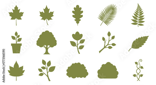 Variety of foliage shapes in green silhouettes perfect for natural themed designs