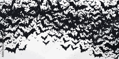 Uma nuvem densa de morcegos pretos em silhueta voa contra um fundo branco, criando uma atmosfera assustadora e ideal para temas de Halloween.