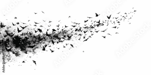 Ilustração vetorial de uma nuvem de pássaros pretos em movimento, simbolizando liberdade e transformação em um design minimalista.