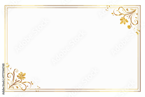 Uma moldura retangular dourada e sofisticada, com detalhes florais ornamentados nos cantos, ideal para convites, certificados e designs elegantes.
