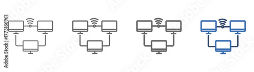 
Outline icon sheet local area network with three computer design, diagram and signal