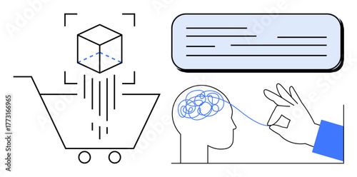 Abstract cube moves into a shopping cart, hand untangles brain lines, and chat bubble represents data clarity. Ideal for e-commerce, innovation, problem-solving, education, AI, focus simple flat