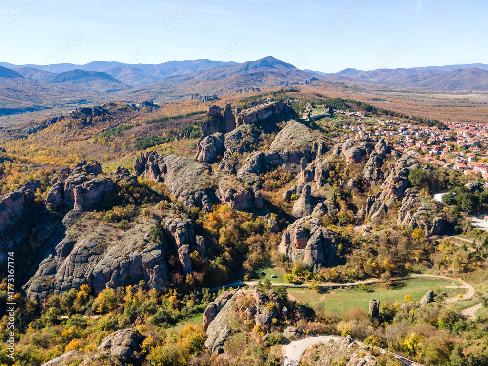 Fototapeta premium Autumn Aerial view of Belogradchik Rocks, Bulgaria