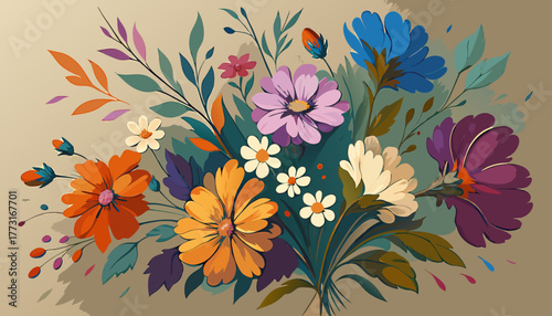 Vivid Generative AI Oil Painting of a Colorful Floral Bouquet