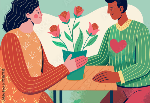 Affectionate Couple Sharing Flowers at Table with Digital Art Style