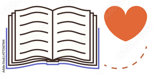 Open book with visible pages alongside orange heart and dotted line. Ideal for learning, passion, storytelling, education, inspiration, creativity, knowledge. Simple flat metaphor