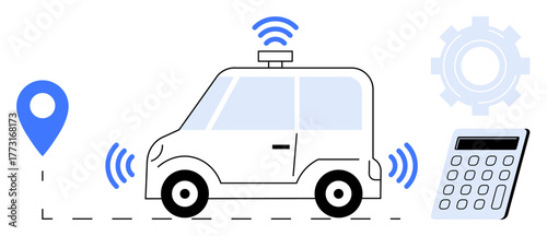 Automated car using GPS, wireless sensors, and advanced systems on a route. Ideal for smart mobility, AI, transportation, innovation, machine learning logistics and future technology. Simple flat