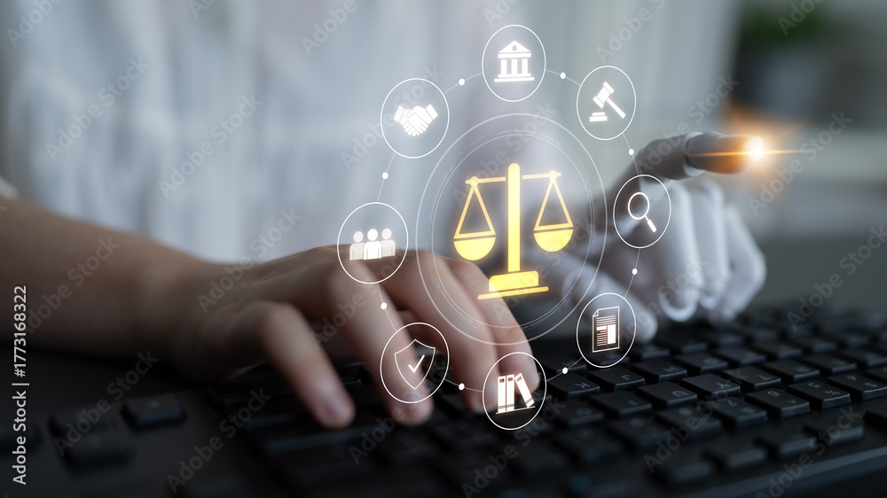 Naklejka premium AI supports justice by automating legal research, analyzing case data, ensuring compliance, and enhancing fairness in governance and decision-making. Latch