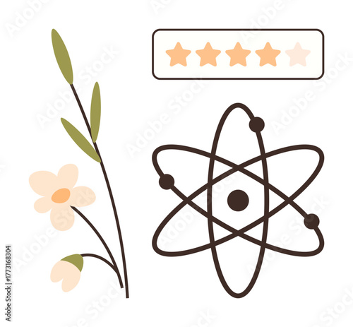 Flower stem, atomic structure with orbiting electrons, and a five-star rating scale. Ideal for science, education, reviews, balance, eco-designs innovation and quality assessment. Simple flat