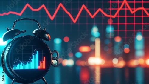 An alarm clock finance stock market chart graph red blue night city lights bokeh analytics investment trading risk volatility downturn growth deadline urgency data trend line risk alert timing