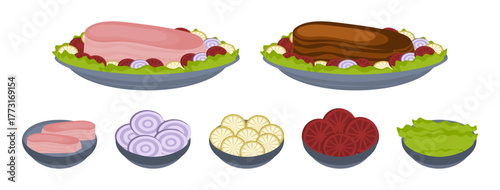 Vector isolated raw and roasted meat steak dishes with the ingredients on a white background 